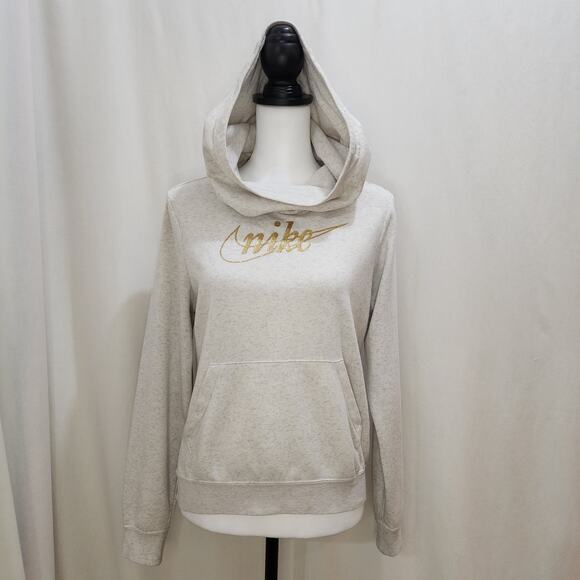 Nike Gold Glitter Swoosh Funnel Neck Hoodie Gray Sweatshirt Front Pocket, XS - Picture 1 of 5